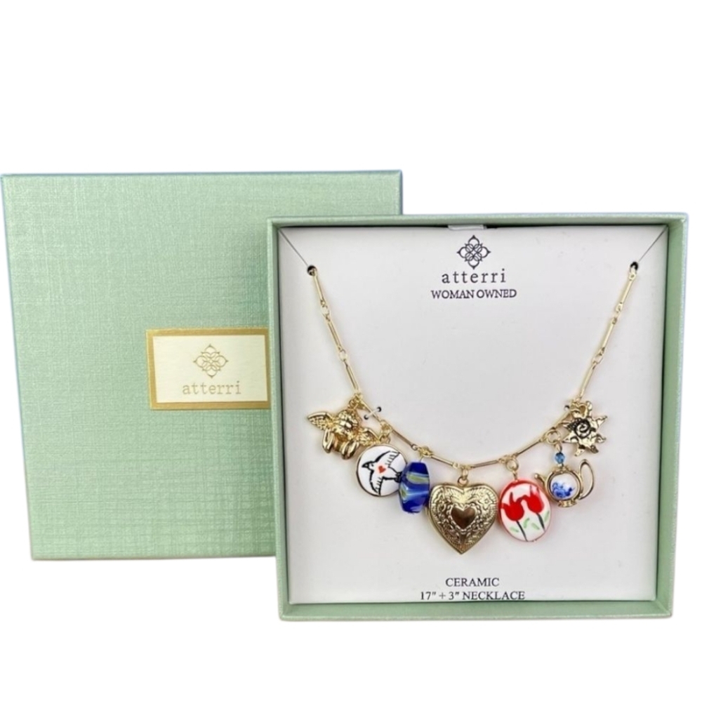 💛▪️ATTERRI▪️ Beautiful Gold Locket Ceramic Charm 17" Necklace